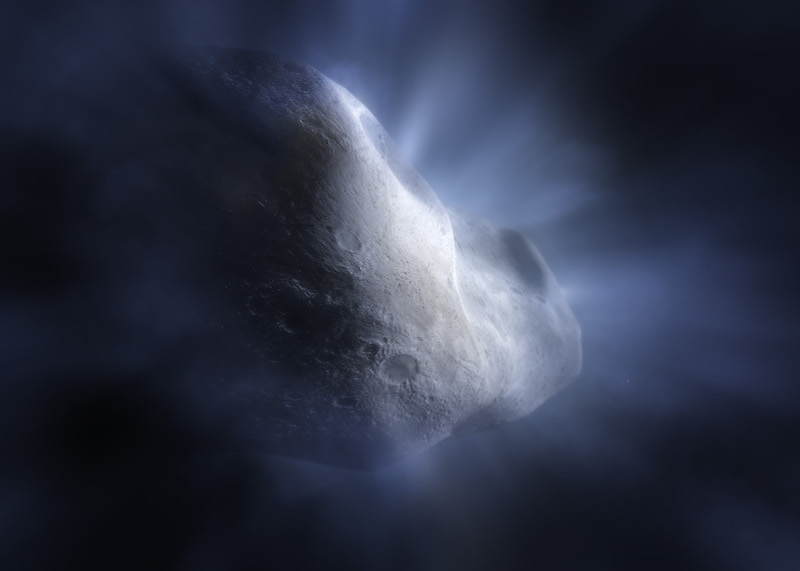 Weird comet: Irregular rocky object in space with jets of water vapor coming of it.