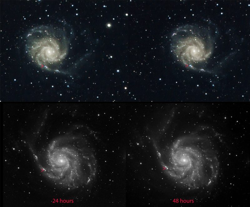 A collage of four whitish spirals, together with foreground stars.