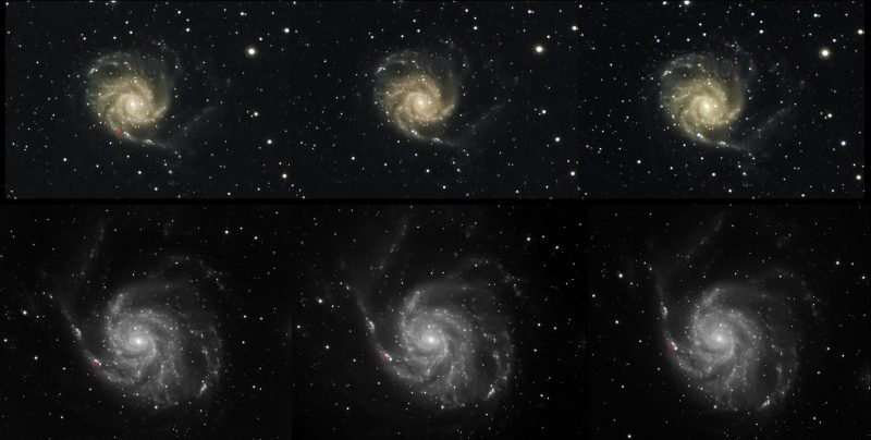 A collage of six whitish spirals, together with foreground stars.