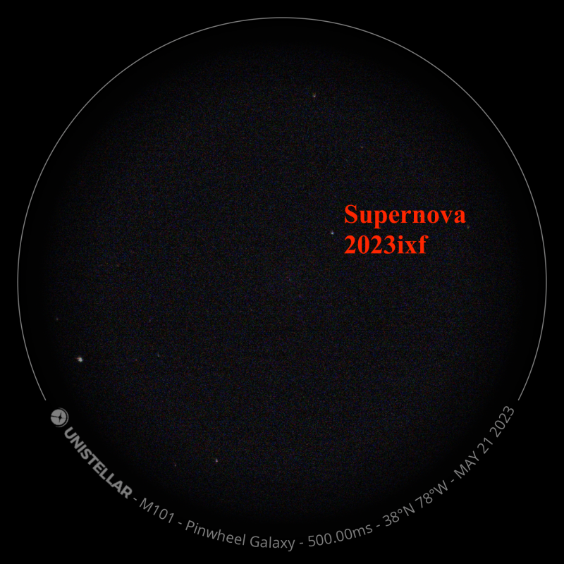 A circular, telescopic field-of-view with a dozen faint stars.
