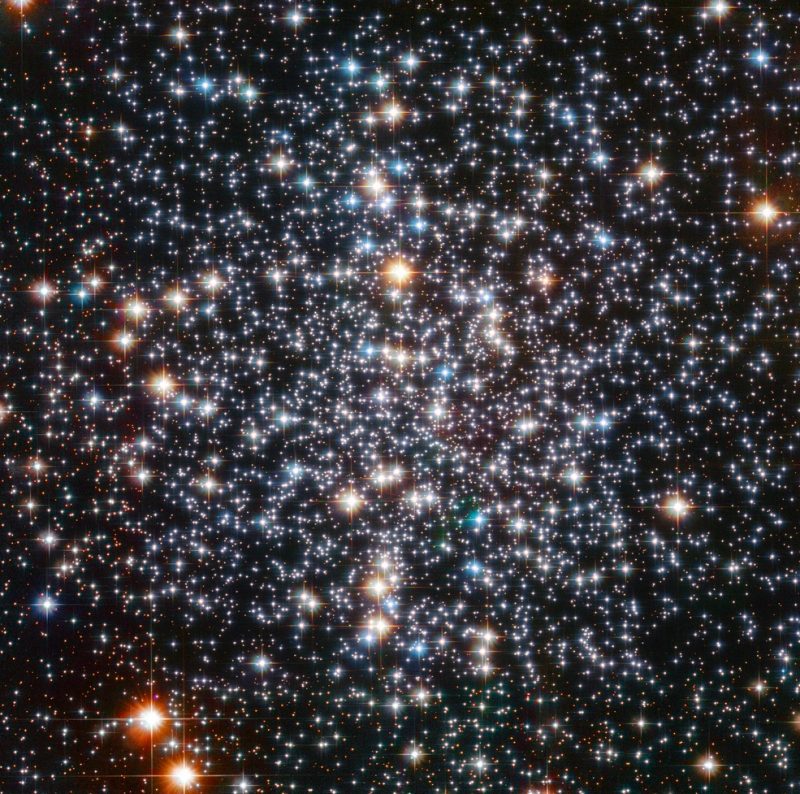 A circular scattering of very many colorful stars in black space, less dense toward the edges.