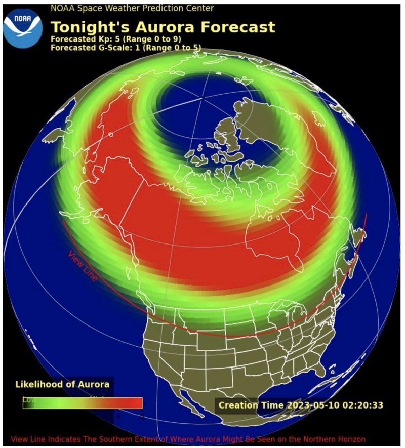 May 10, 2023 Aurora forecast chart showing a world map.