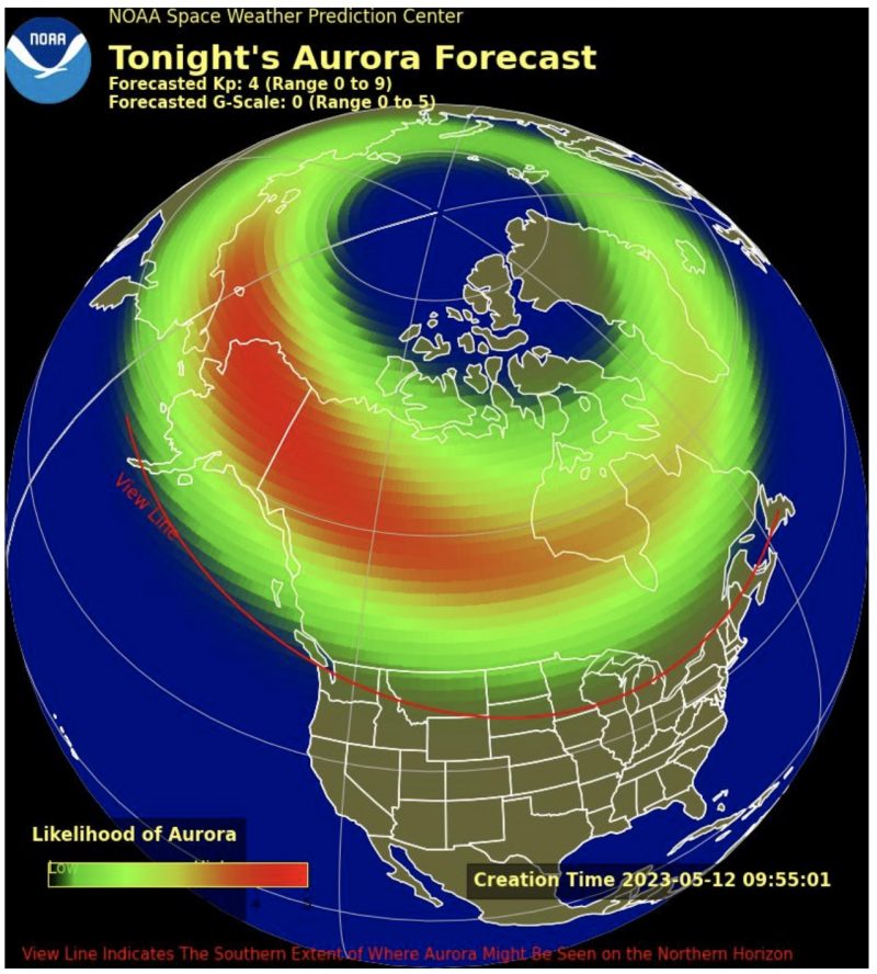 May 12, 2023 A chart showing a world map with the aurora forecast.