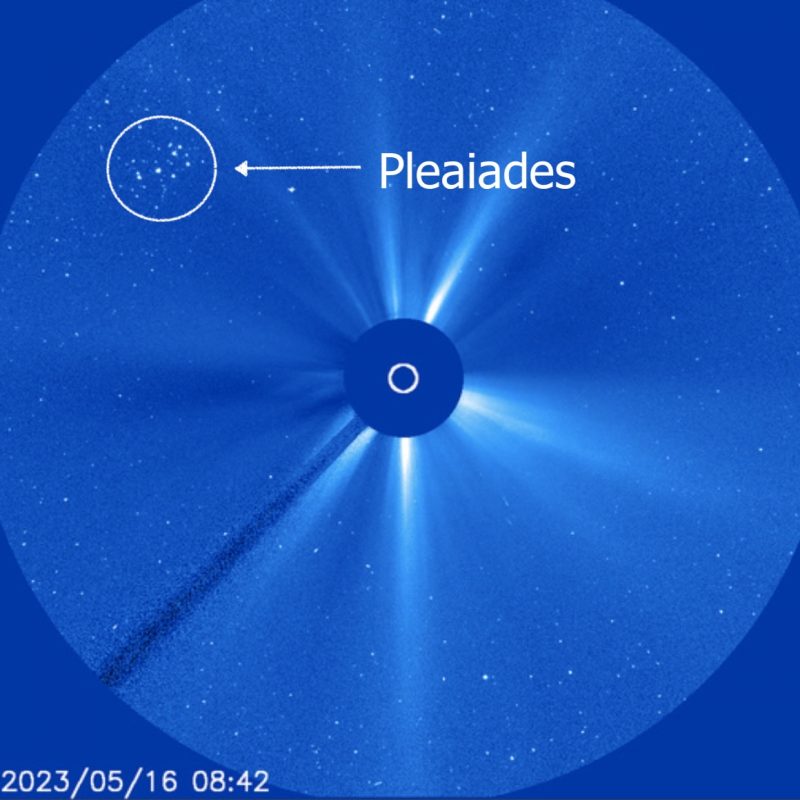 May 16, 2023 LASCO C3 imagery shows Pleiades within its field of view.