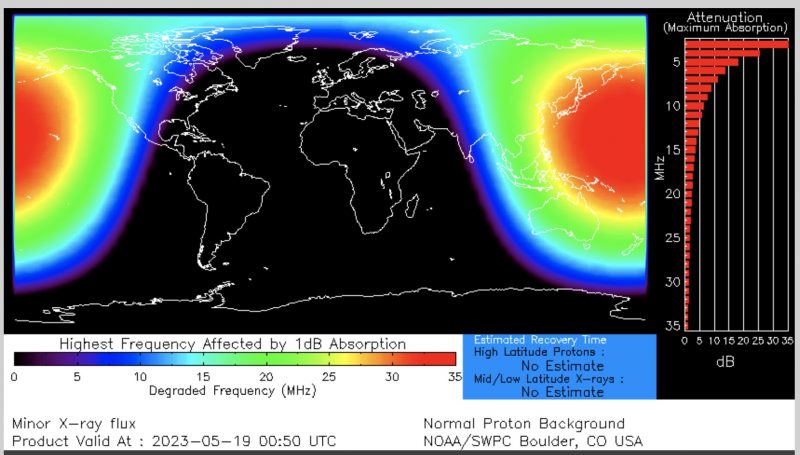 May 19, 2023. A chart of the world showing red, yellow, green, blue and purple waves over the nortwest of America and the east of Asia.