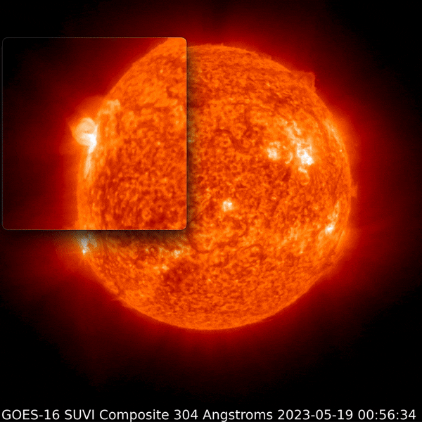 May 19, 2023, sun activity: Orange sphere with a segment at top left showing a part of the sun in blue.
