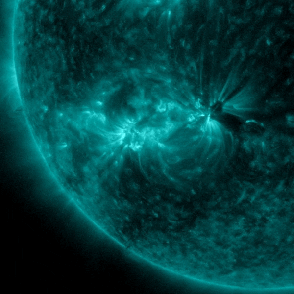 May 23, 2023 A southeast portion of the sun in teal color shows an M flare.