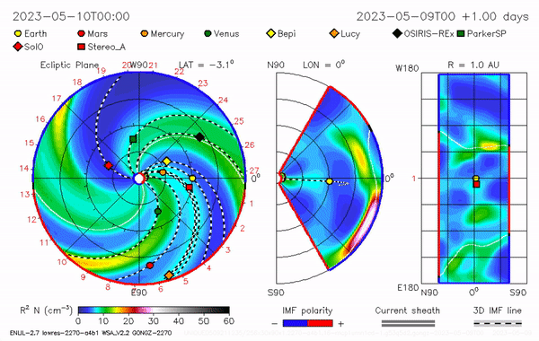 May 9, 2023 Enlil model shows a coronal mass ejection coming to Earth.