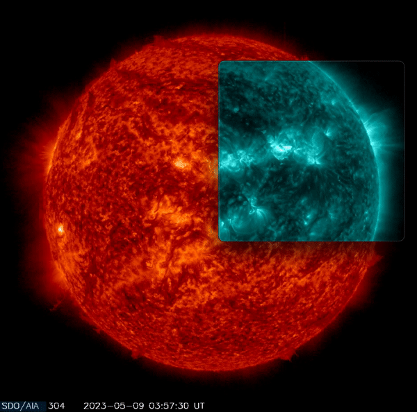 May 9, 2023 Sun activity shows sunspot AR3296 spewing out an M5.6 flare.