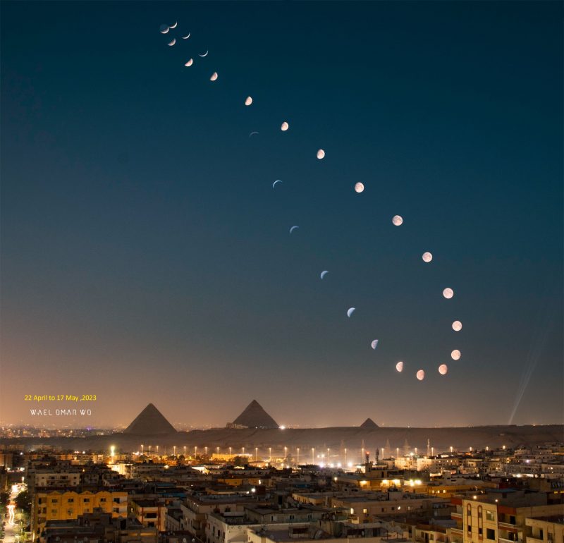 Moon analemma: A figure 8 of moon phases in one sky over the pyramids.