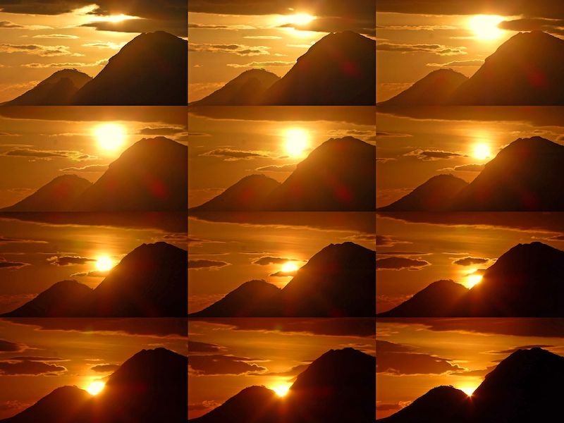 Multiple golden sunset images with mountains and clouds watching the progress of the sun as it sets.