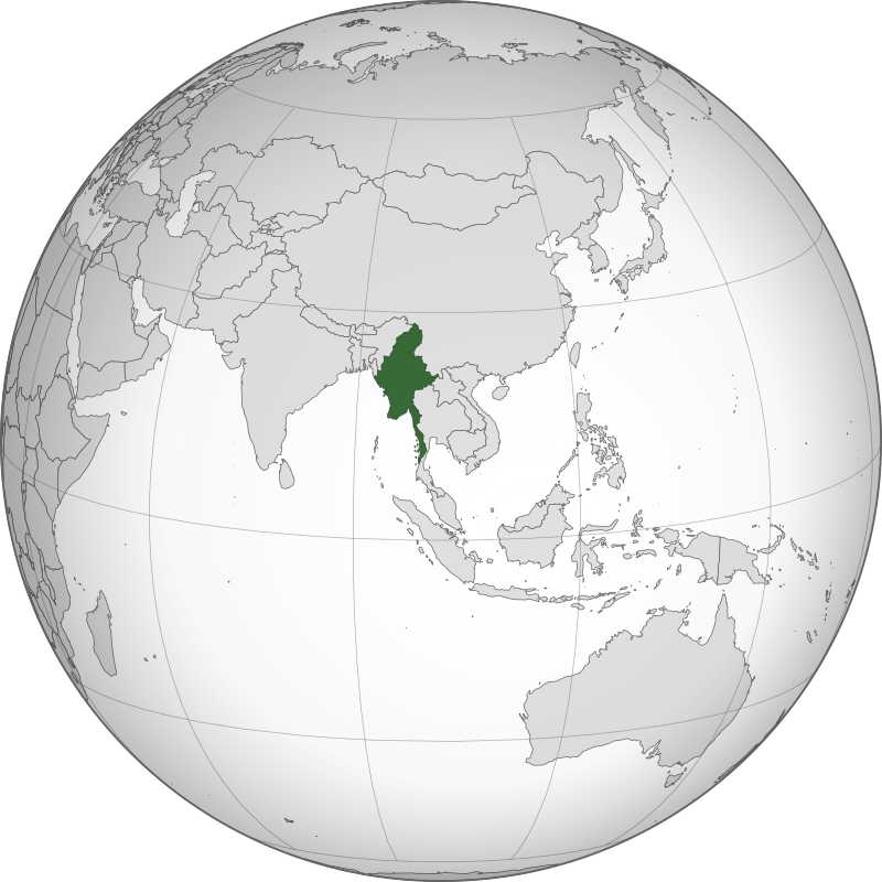 Globe of Asia and Oceania in gray color with Myanmar in green.
