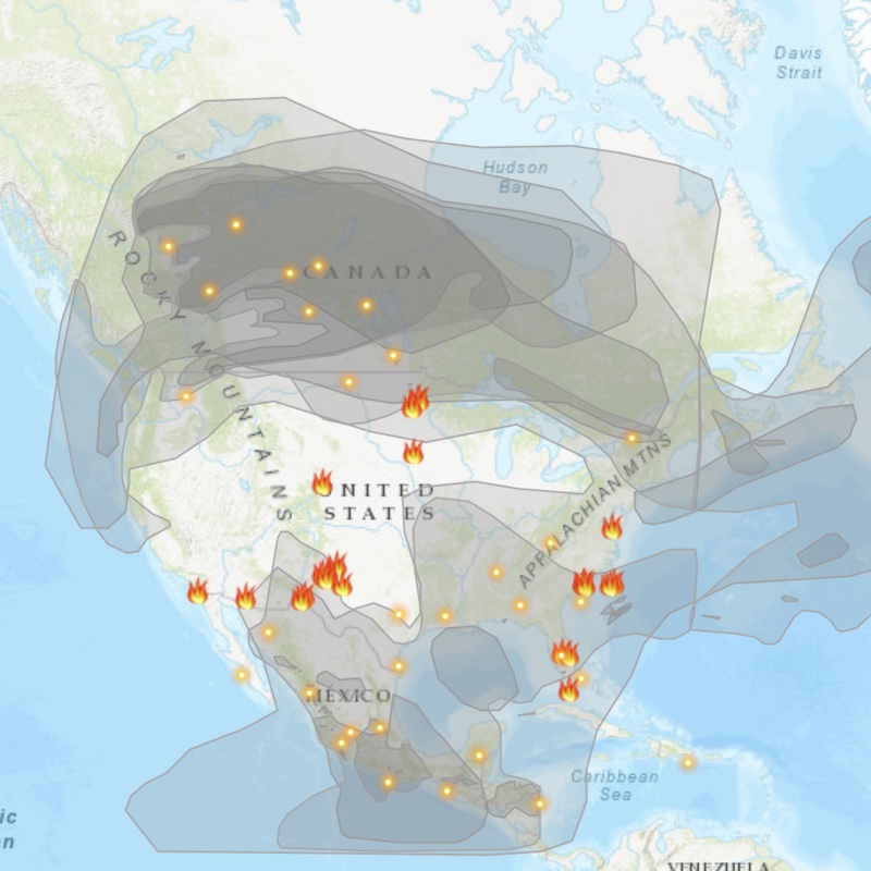 Map of North America showing curring fires and areas with smoke in shades of gray.