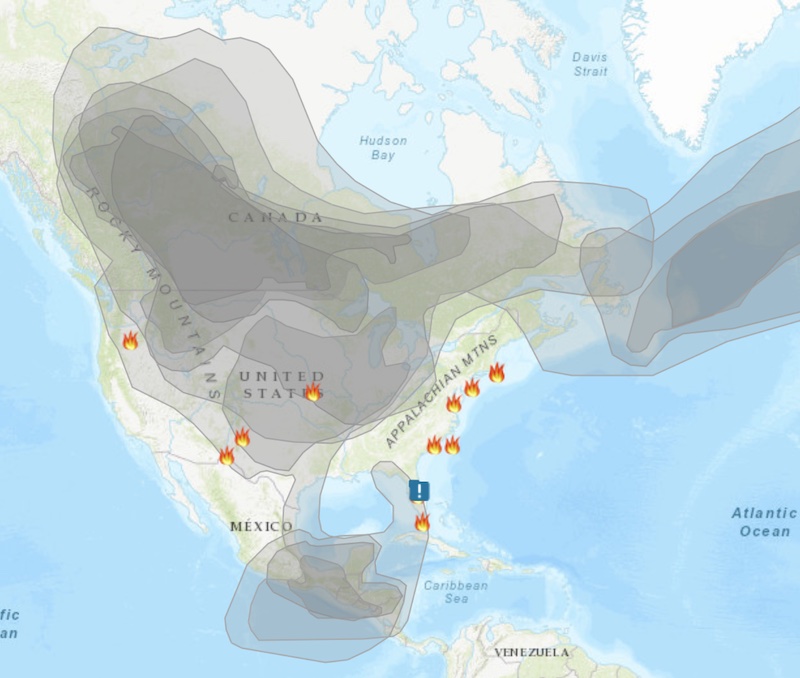 ap of North America showing fires and areas with smoke in shades of gray.