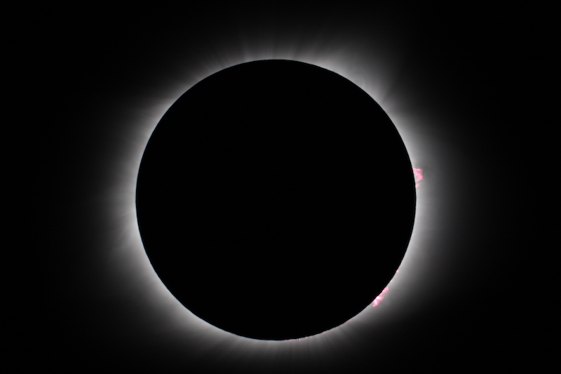 Solid black circle surrounded by thin glowing rays and one pink spot.