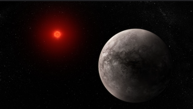 A gray planet near a dim red star.