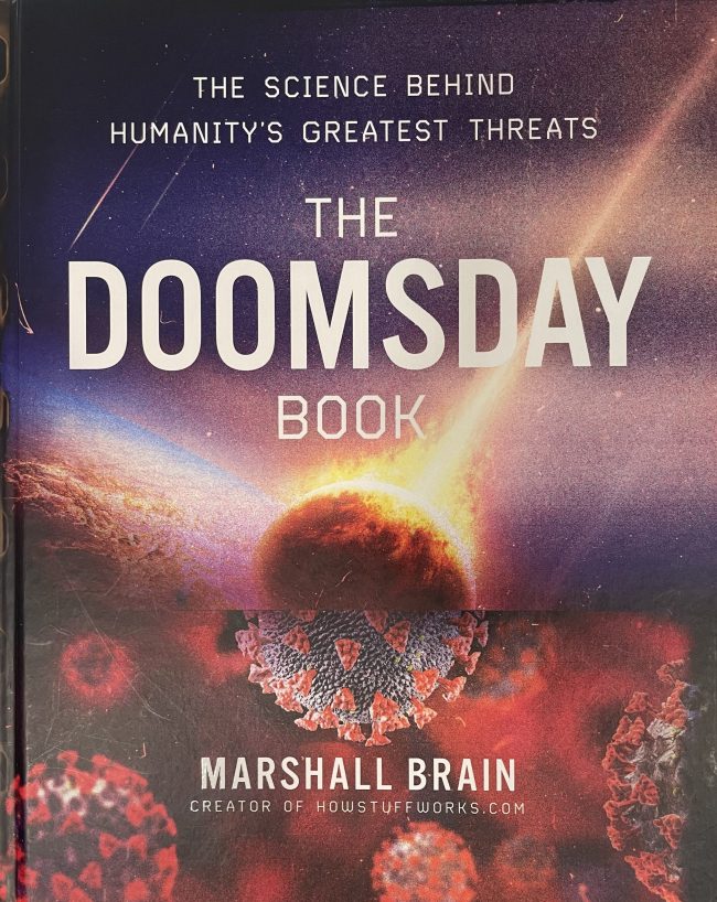 Media we love: Book cover showing The Doomsday Book with top half as a meteor and bottom half as a virus.