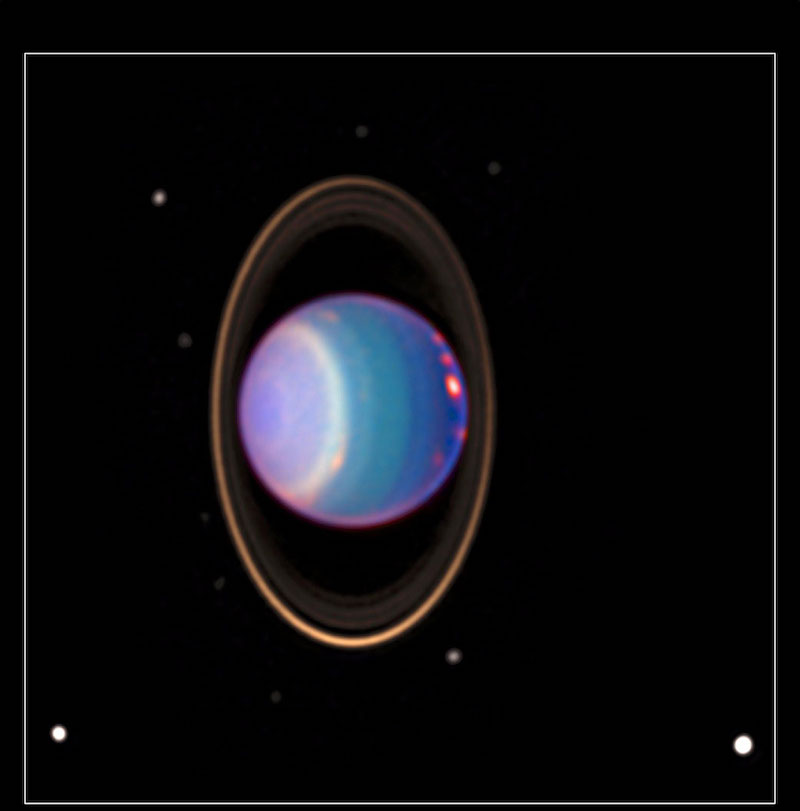 Oceans for 4 Uranus' moons: Bluish-green banded planet on its side with rings and several spots near it, some bright, some dim.