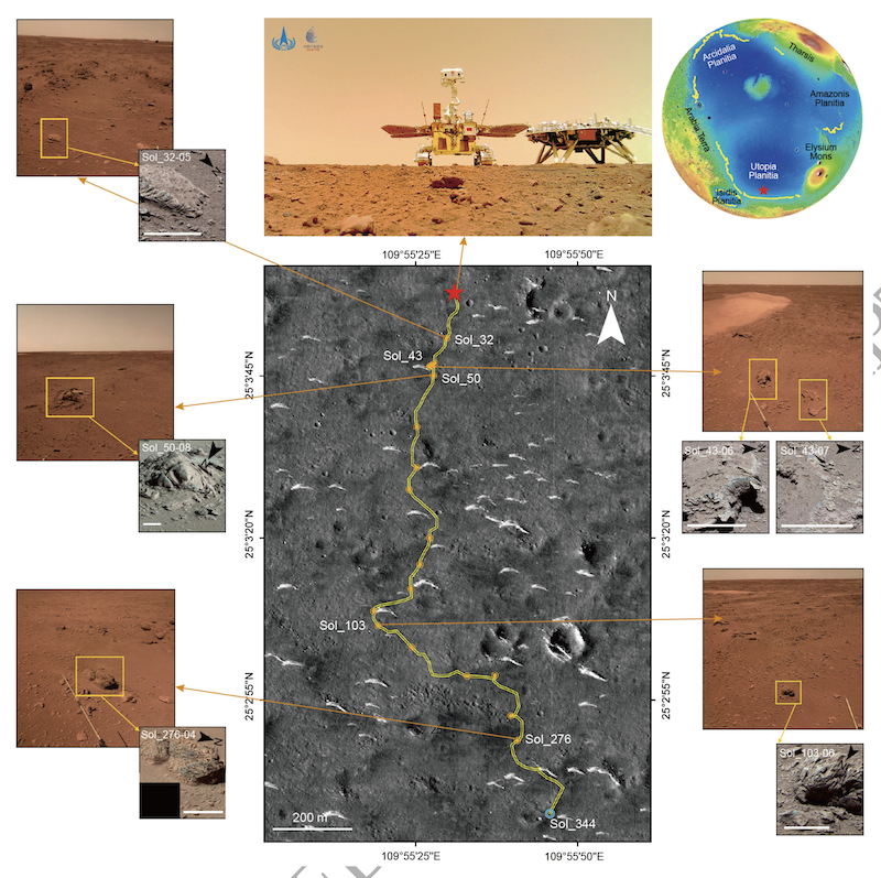 Aerial view of track of rover, highlighted in yellow, with photos of features from points along it.