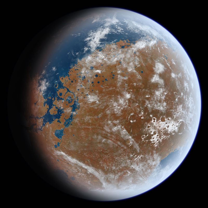 Ancient ocean on Mars: Reddish planet with blue ocean areas, craters and white clouds.
