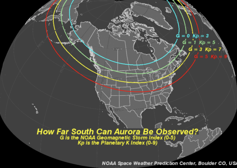 Map showing strength of geomagnetic storms, and how far each extends into Canada and the U.S.