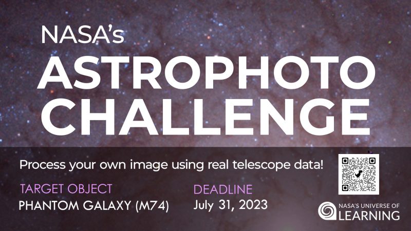 Astrophoto challenge: Words and scan code with deadline date atop a photo of a galaxy.