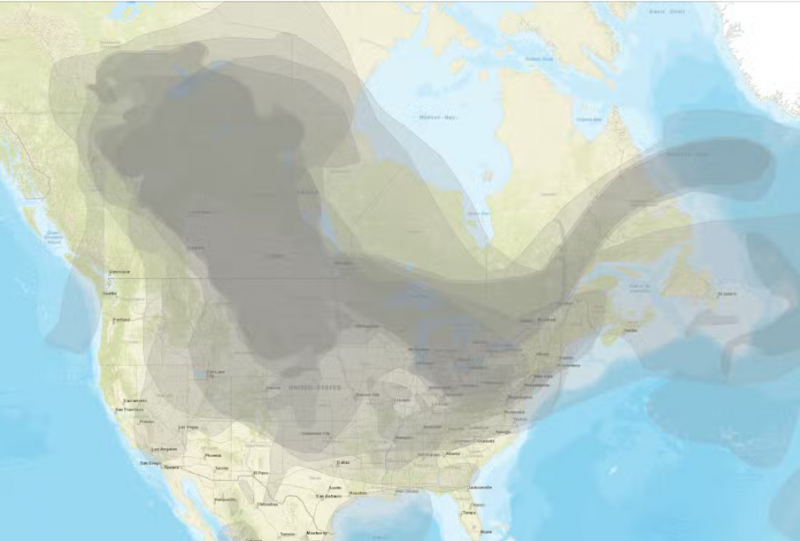 A map of North America with wildfire smoke from fires across the U.S. and eastern Canada. Light smoke reached as far south as Texas and Georgia.