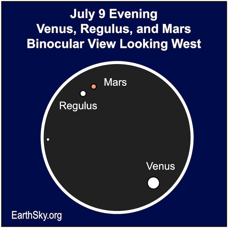 Dark circle for binocular viewing with a red dot for Mars and white dots for Venus and Regulus.