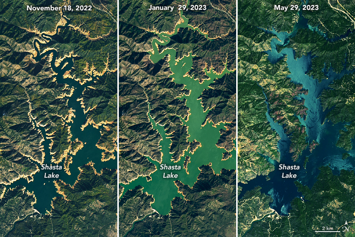 California reservoirs: 3 orbital views of Lake Shasta, 2nd with more water than 1st and 3rd entirely filled up.