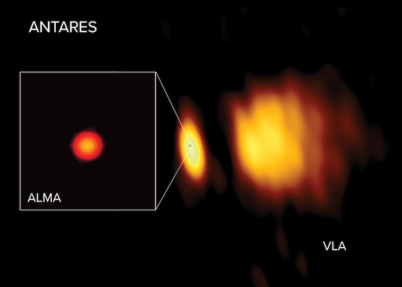 Radio image showing two distorted orange shapes of Antares A and B.