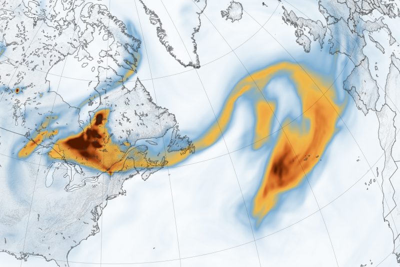 Map of the Northern Atlantic with red and orange swirl extending from Canada toward Europe.