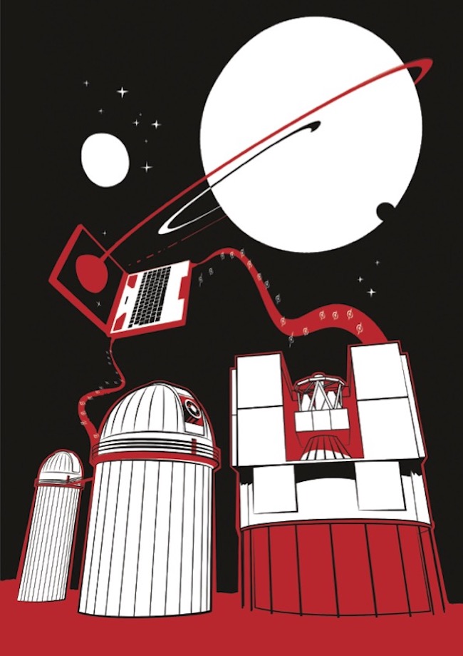 Black, white and red illustration of a telescope observatory, a laptop and an exoplanet.