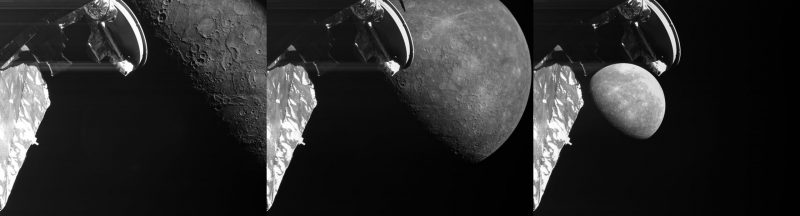 Three side-by-side images of a spacecraft in the foreground and decreasing size of a cratered world.