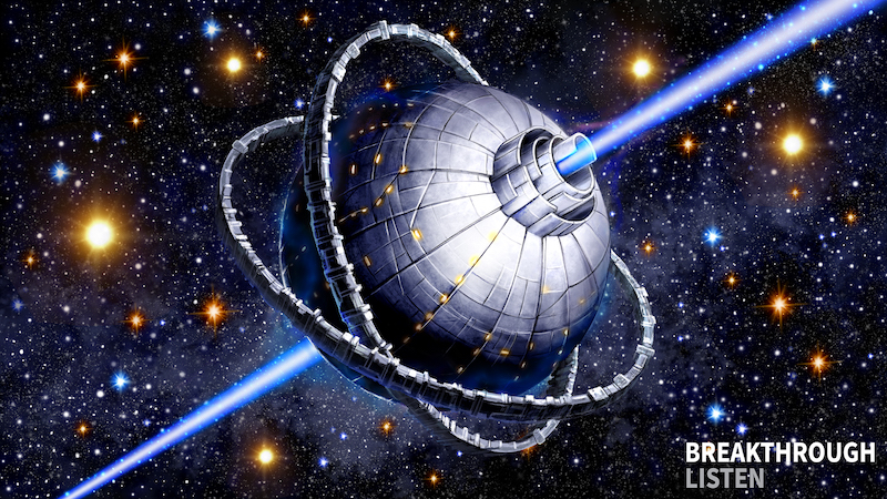 SETI: Large constructed metal sphere in space with narrow blue jets coming out of its top and bottom poles.
