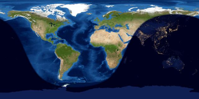Rolled-out map of Earth with night and day sides visible.