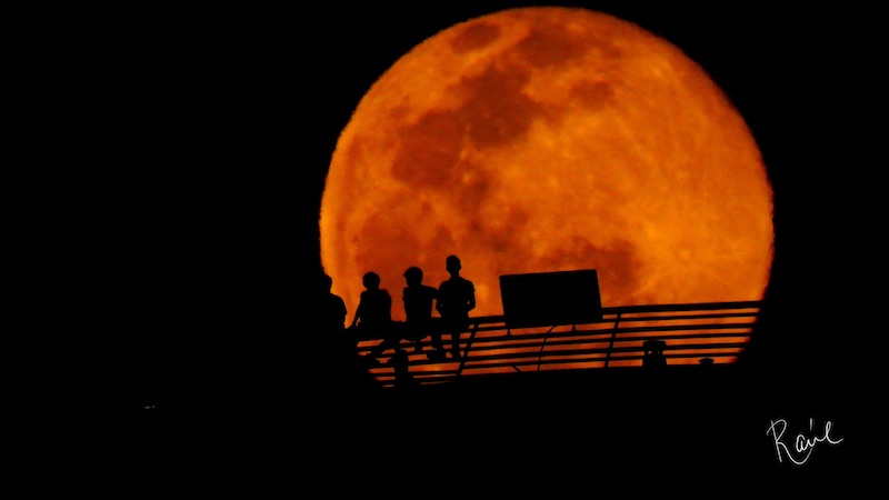 Large orangish full moon with kids on a fence in front.