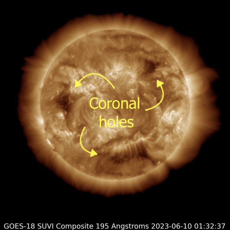 A black square and gold sun in it shows coronal holes.