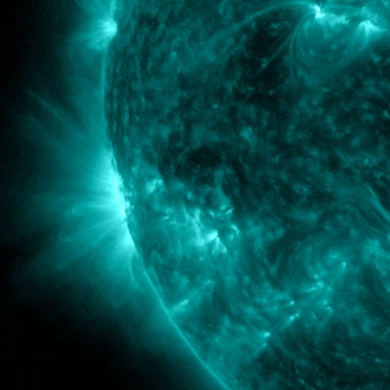 A teal quarter of a circle showing the sun blasting an M flare.