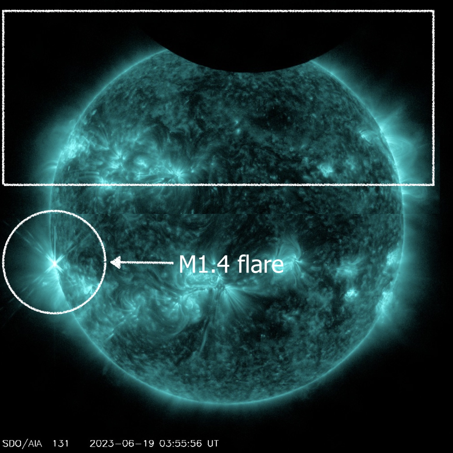 A full teal circle showing a sun with an M flare.