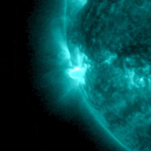 Sun activity: Sun with a teal tinge becoming very bright in one spot on the limb.