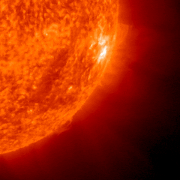 A red quarter of the solar disk shows a big explosion.