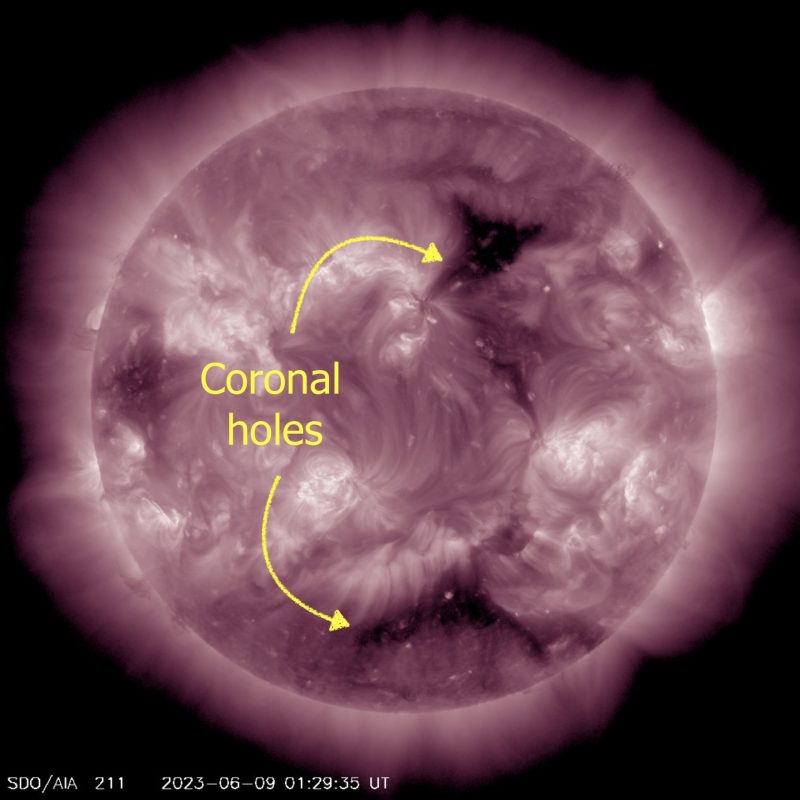 A black frame with the sun as a purple circle, with two large darker areas labeled as coronal holes.