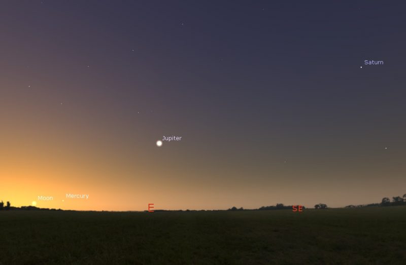 5 planets align: View of horizon with sun rising and a few bright dots with labels.