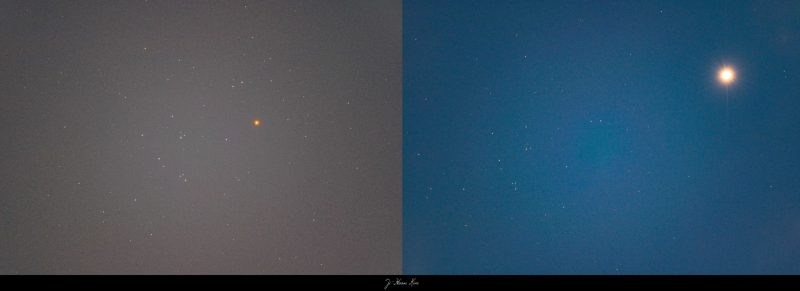 Side by side comparison showing the Beehive Cluster with dim red Mars at left and bright Venus at right.
