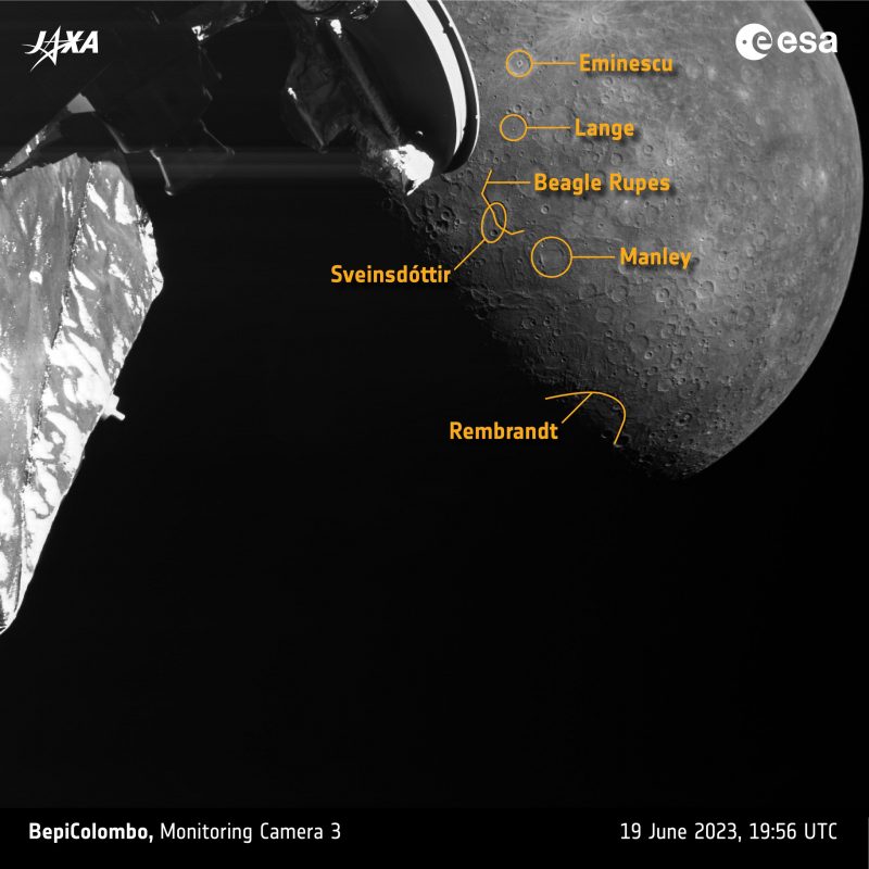 Another image of a cratered surface of Mercury with labels for features.