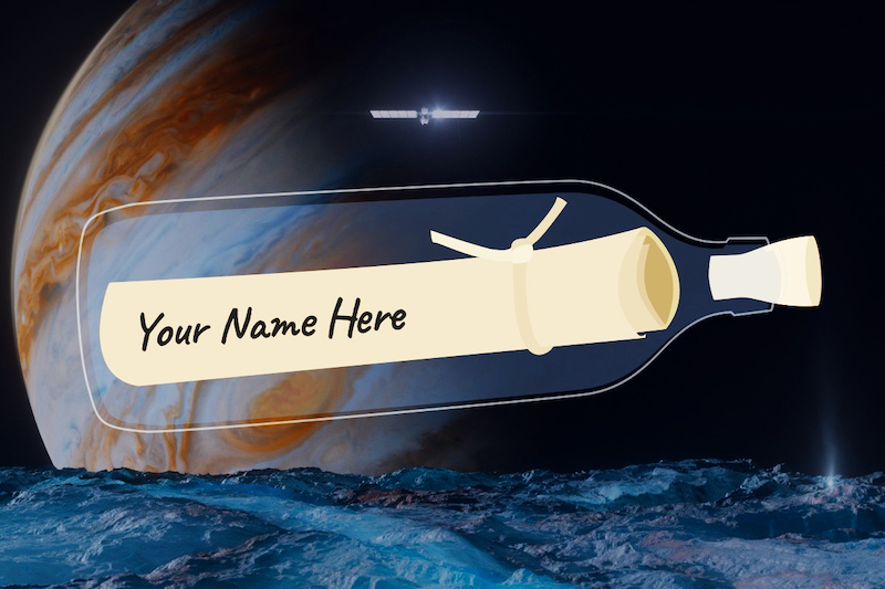 Jupiter's moon Europa: Rolled paper with Your Name Here on it in a bottle, and large banded planet in the background.