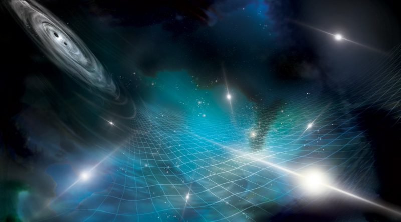 Gravitational wave background: Blue light over darkness, stars and a grid.