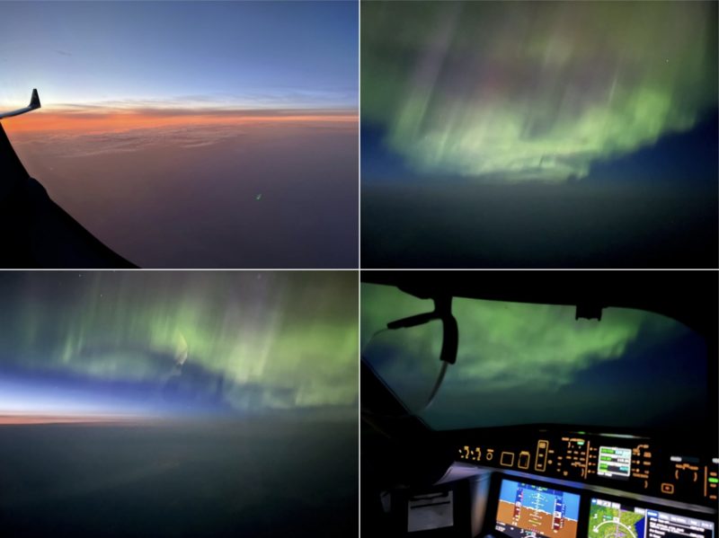 Auroras, like green curtains in the sky, 4 photos taken from a plane.