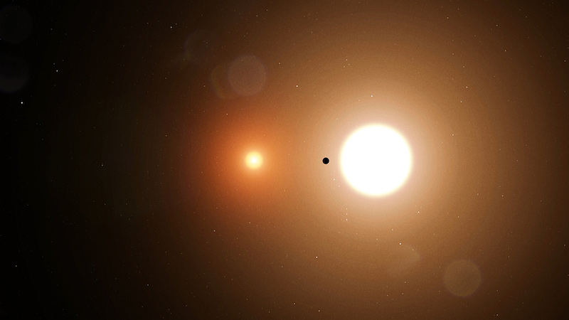 Tatooine: Dark silhouette of small planet with 2 bright stars in background, one of them larger than the other.