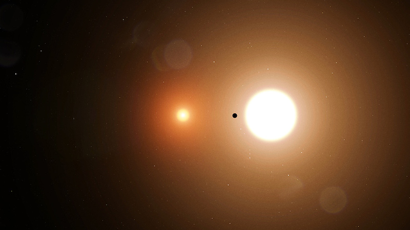 Tatooine: Dark silhouette of planet with 2 bright stars in background.